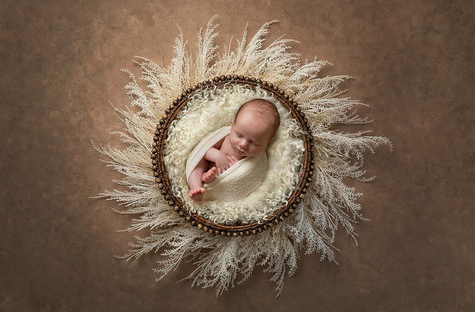 Newborn Baby Posed in the Basket on the brown background, baby photoshoot in Manchester Studio