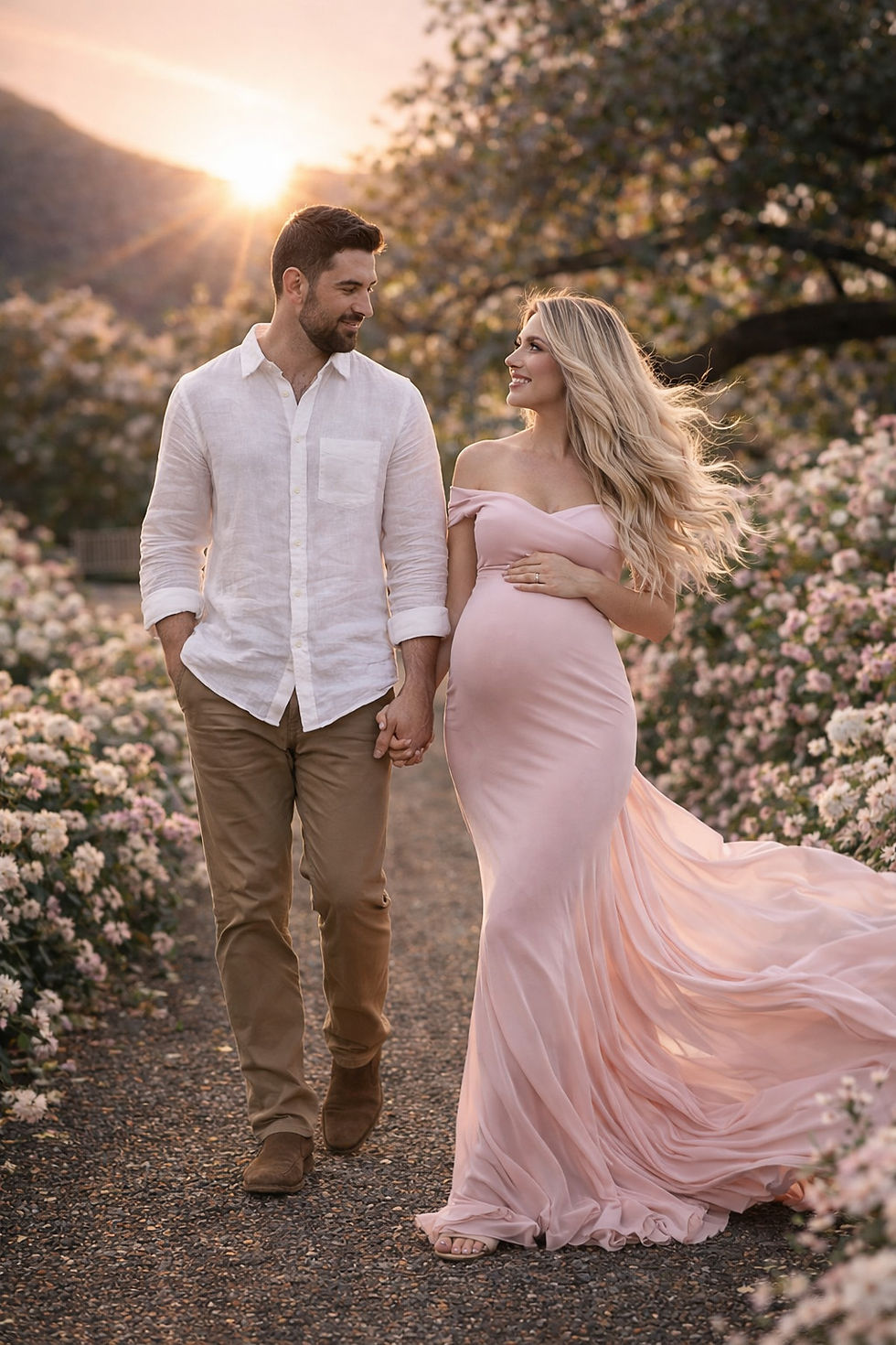 Outdoor couple maternity photoshoot with blossom flowers in Manchester — expectant mother in a flowing pink gown with partner