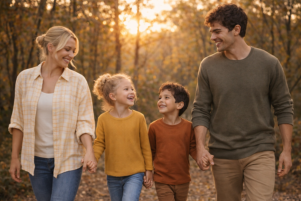 Eye-level view of a family walking hand in hand in an autumn gold park
