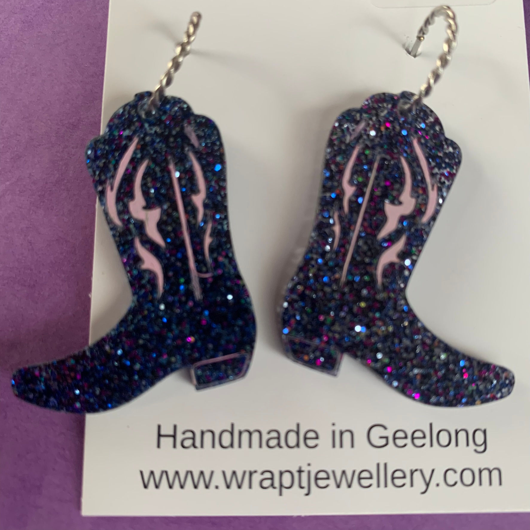 Blue cowgirl boot earrings