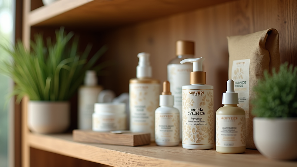 Eye-level view of Ayurvedic wellness products arranged neatly on a wooden shelf