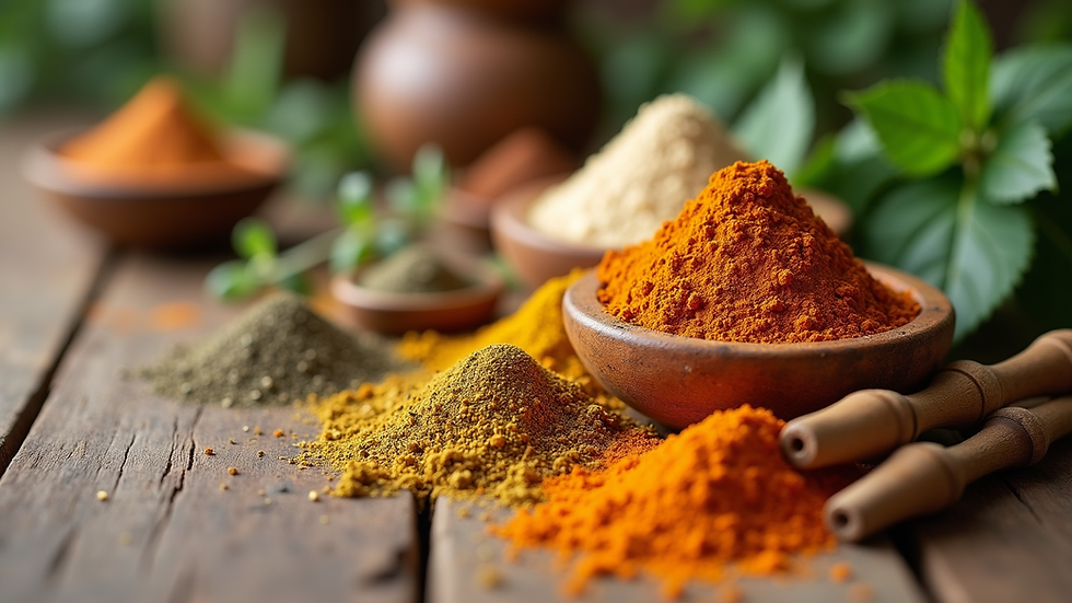 Close-up view of Ayurvedic herbs and powders arranged on a wooden surface