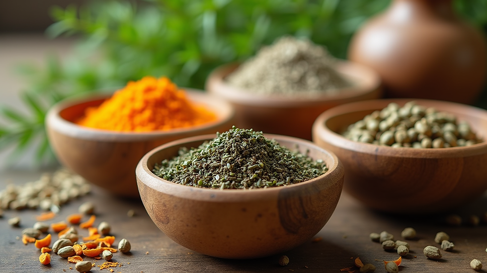 Close-up view of Ayurvedic herbs in natural wooden bowls