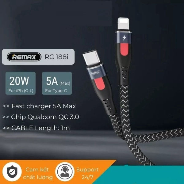 DÂY SẠC NHANH IPHONE 20W RC188I CÁP SẠC TYPE C TO LIGHTNING - REMAX