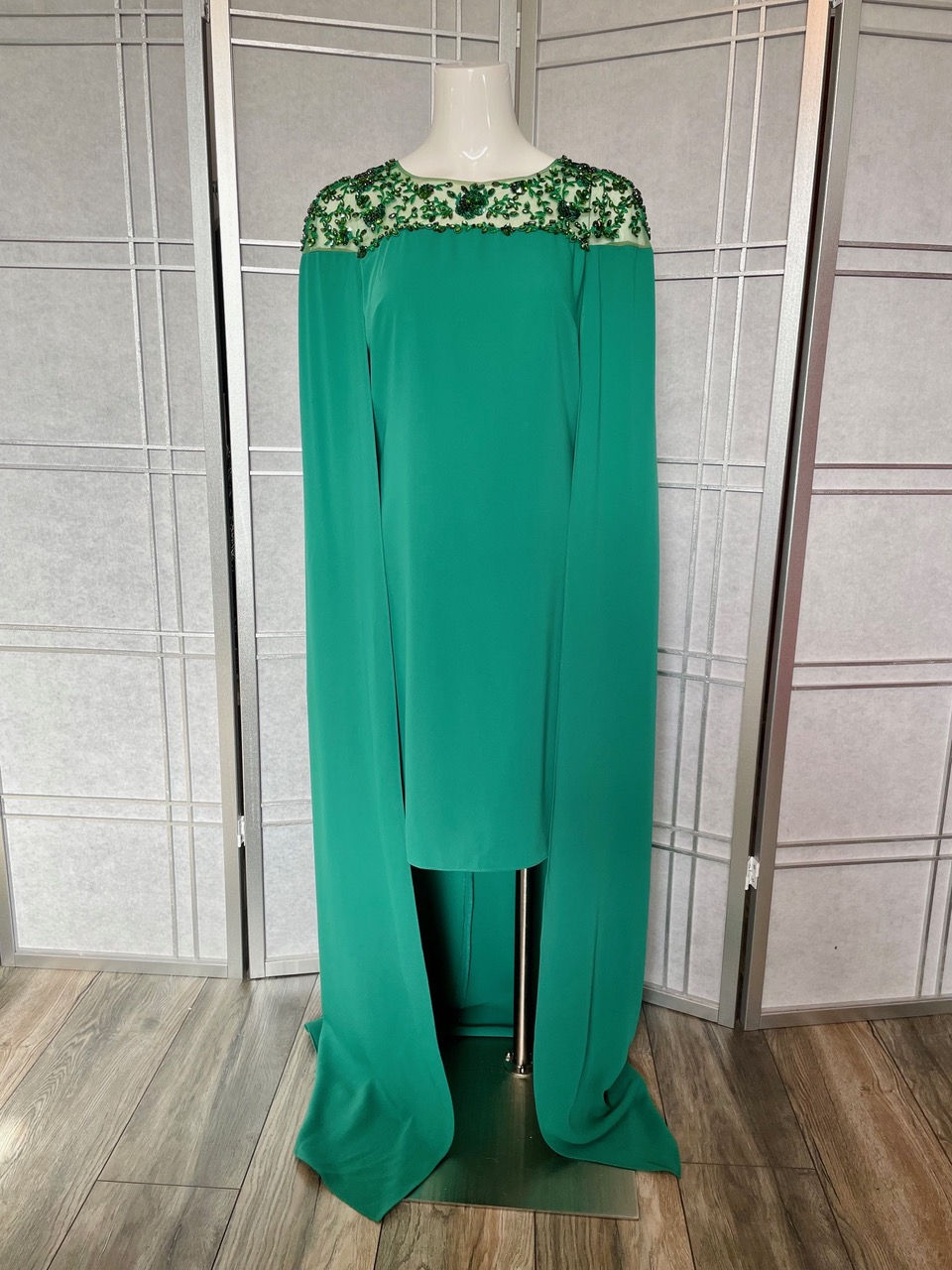 Marchesa Notte Embroidered and Embellished Cape Dress Crystal Emerald Green Gown