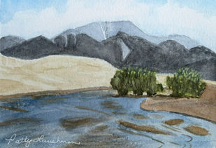 Watercolor painting of sand dunes, Medano Creek, and the Sangre de Cristo Mountains at Great Sand Dunes National Park