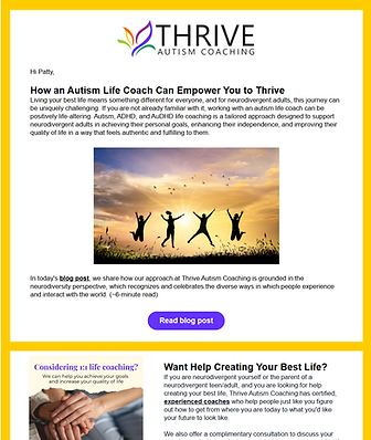 screenshot of the Thrive Autism Coaching newsletter