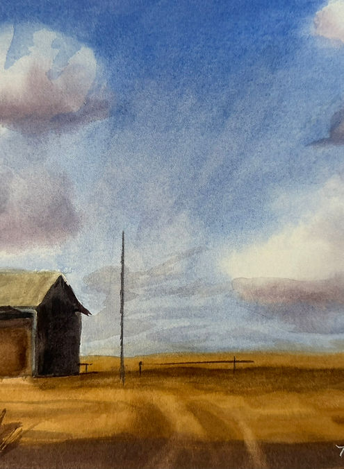 Watercolor of a small barn on open prairie under a vast cloudy sky, with golden fields and a fence in the foreground