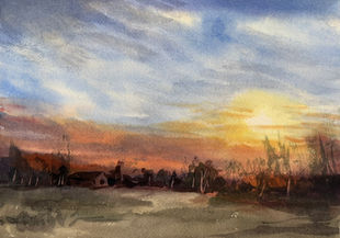 Watercolor sunset with glowing yellow light, blue-gray clouds, orange horizon, and dark tree silhouettes