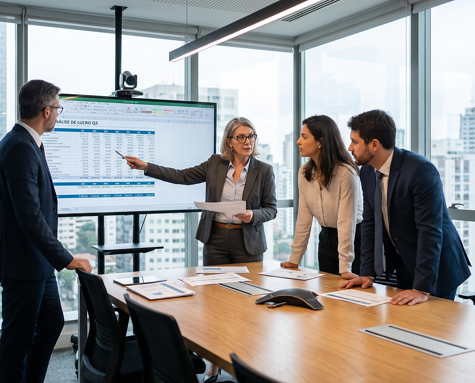 Empresária analisando os números financeiros de sua empresa durante uma consultoria financeira