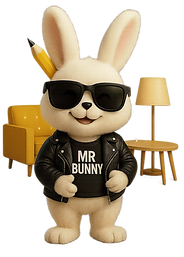 Mr. Bunny character standing in leather jacket with new furniture - set up your kid's room or pet space