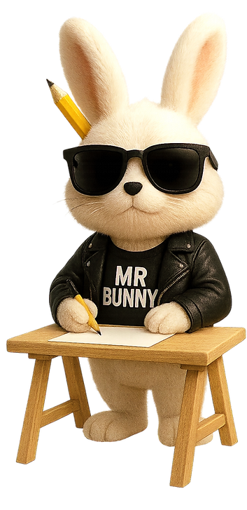 Mr. Bunny in a black jacket and dark sunglasses, pencil tucked behind his ear, ready at his esk to design fun and stylish spaces.
