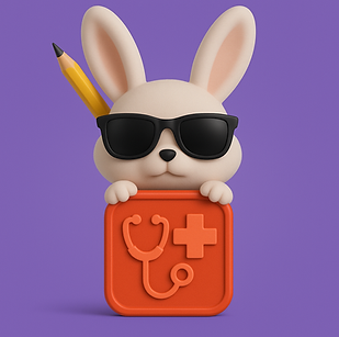 Mr. Bunny with red stethoscope icon- pediatric clinic nd coporate kids' space designs