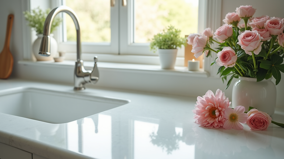 High angle view of a sparkling clean kitchen countertop with fresh flowers