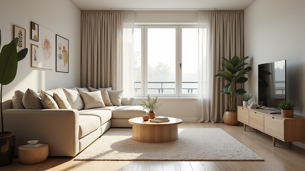 Eye-level view of a clean and organised living room with natural light