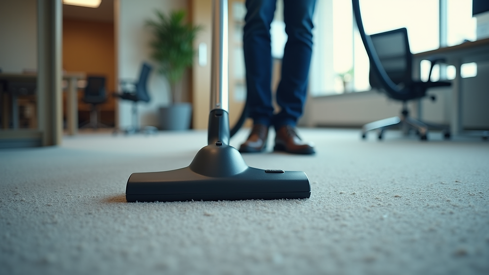 Close-up view of a professional cleaner vacuuming a carpet in an office