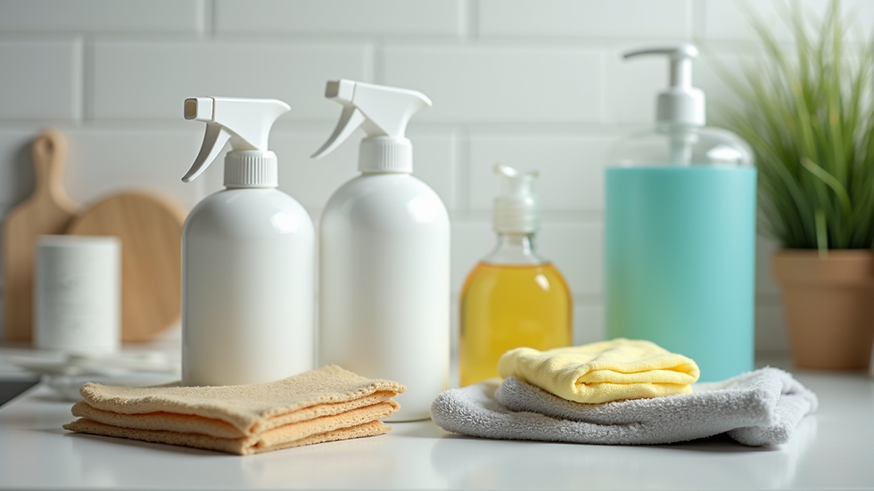 Close-up view of cleaning supplies arranged neatly on a countertop