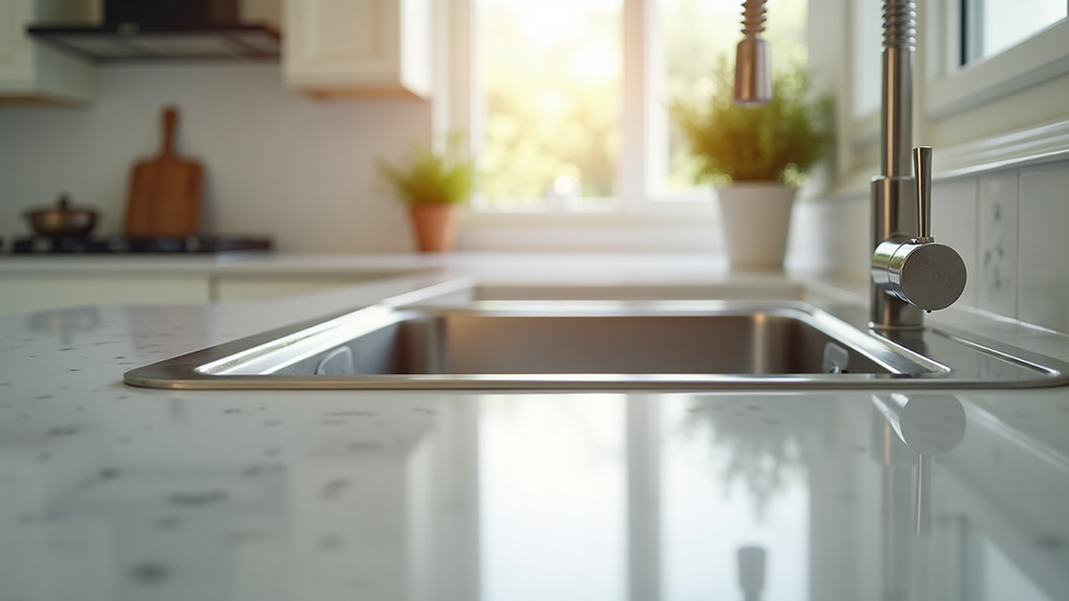 Eye-level view of a sparkling clean kitchen countertop with a shining sink