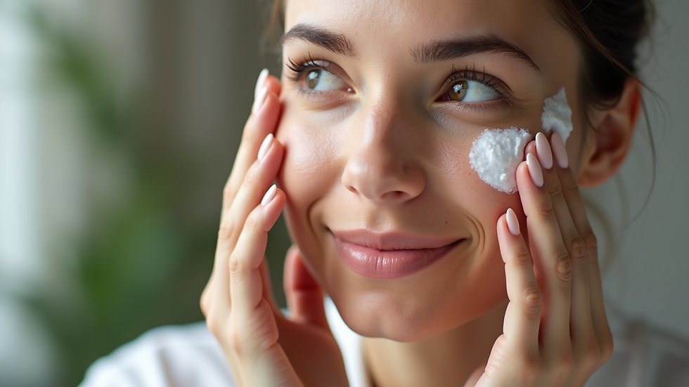 Close-up view of a person applying moisturizer on their face