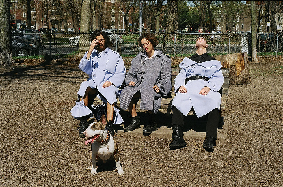 Wan Hua Li's 3-trench coats capsule collection, featuring models Noamane, Emile, and Guillaume, photographed by William Tetreault. Published in LIGNES DE FUITE.