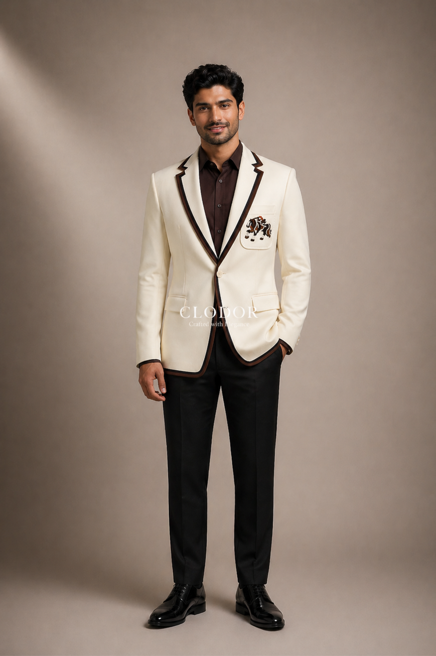 Full length ivory embroidered blazer styled with contrast trousers – bespoke menswear by Clodor