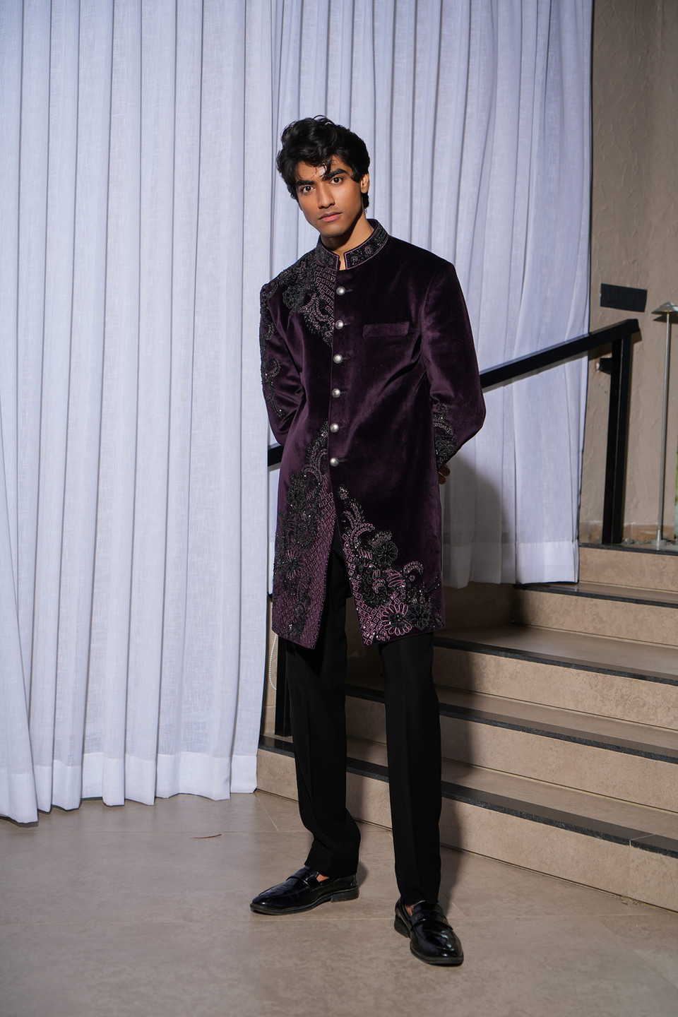 Intricate resham black stone cutdana and glass hand embroidery on wine cotton velvet achkan – Clodor