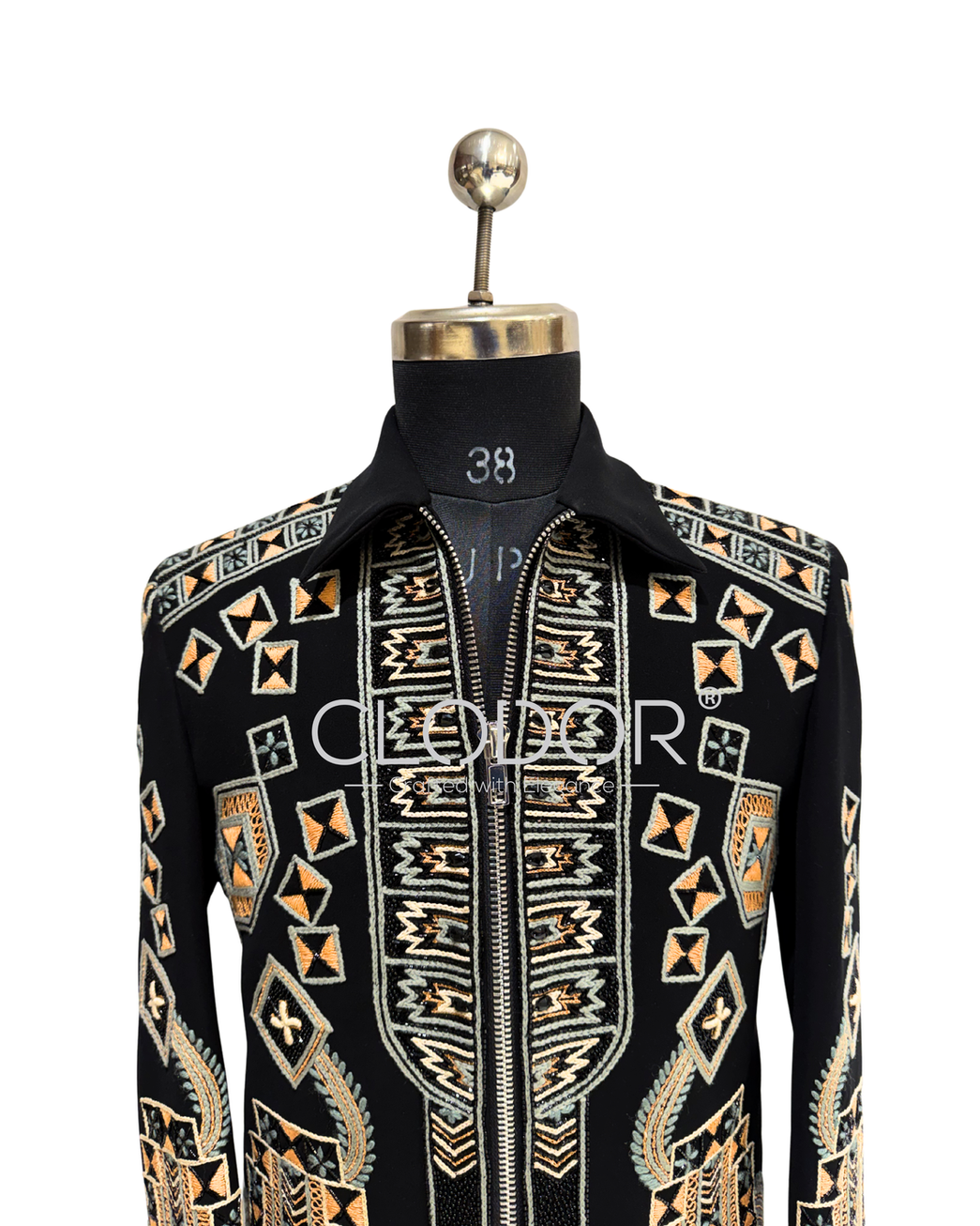 Full length embroidered bomber jacket for men styled over minimal innerwear