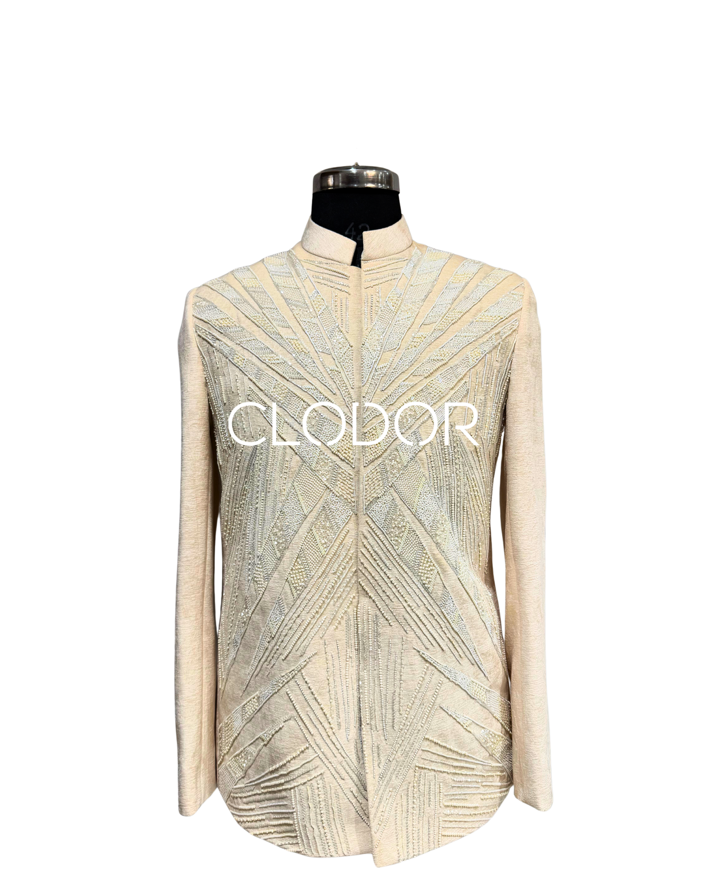 Ivory Radiance Pearl Bandhgala Ensemble for men with all-over geometric pearl and sequin hand embroidery – bespoke by Clodor