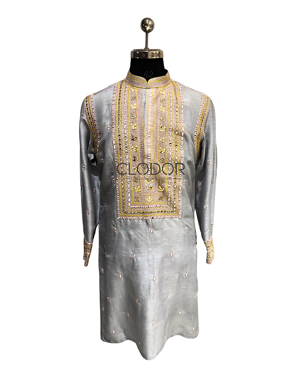 Band collar with intricate hand embroidery and real mirror work on light blue silk kurta