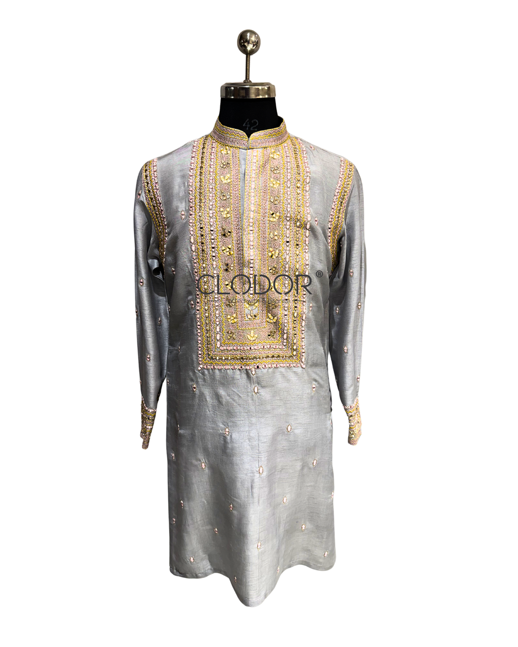 Band collar with intricate hand embroidery and real mirror work on light blue silk kurta