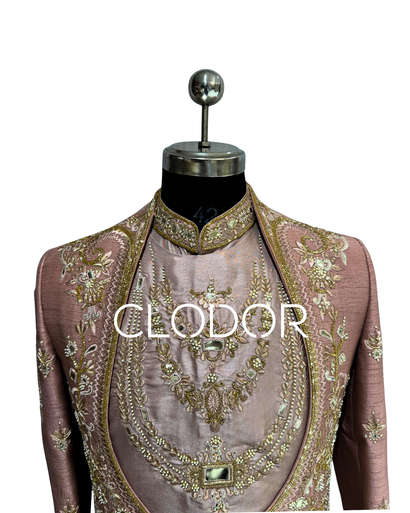 rose gold sherwani set for groom with anarkali kurta and embroidered dupatta