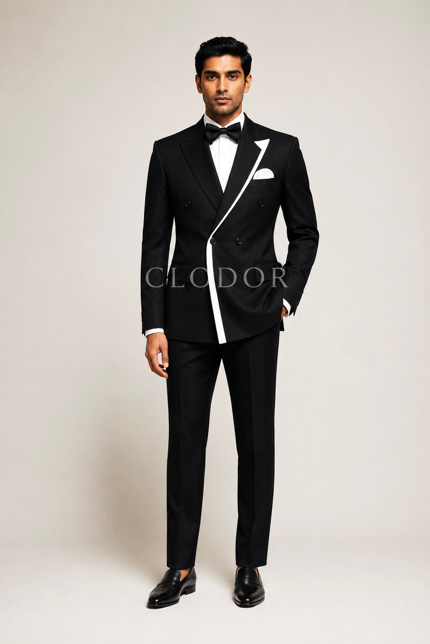 Monochrome Edge double breasted tuxedo set for men in wool blend with contrast detailing – bespoke by Clodor
