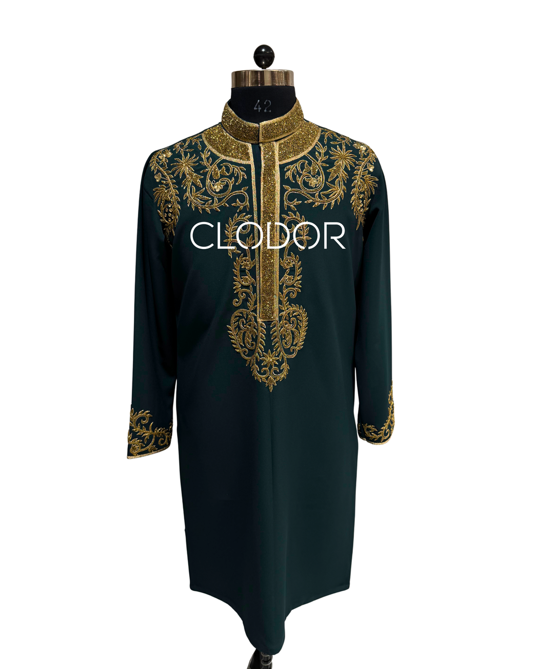 Intricate golden cutdana pearl and zari hand embroidery on neckline and chest of green Tencel kurta