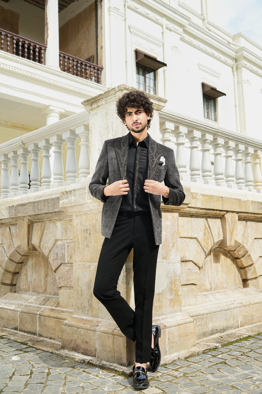 Shadowcrest charcoal grey velvet tuxedo for men with glass-based stone and cutdana hand embroidery on shawl lapel – bespoke b