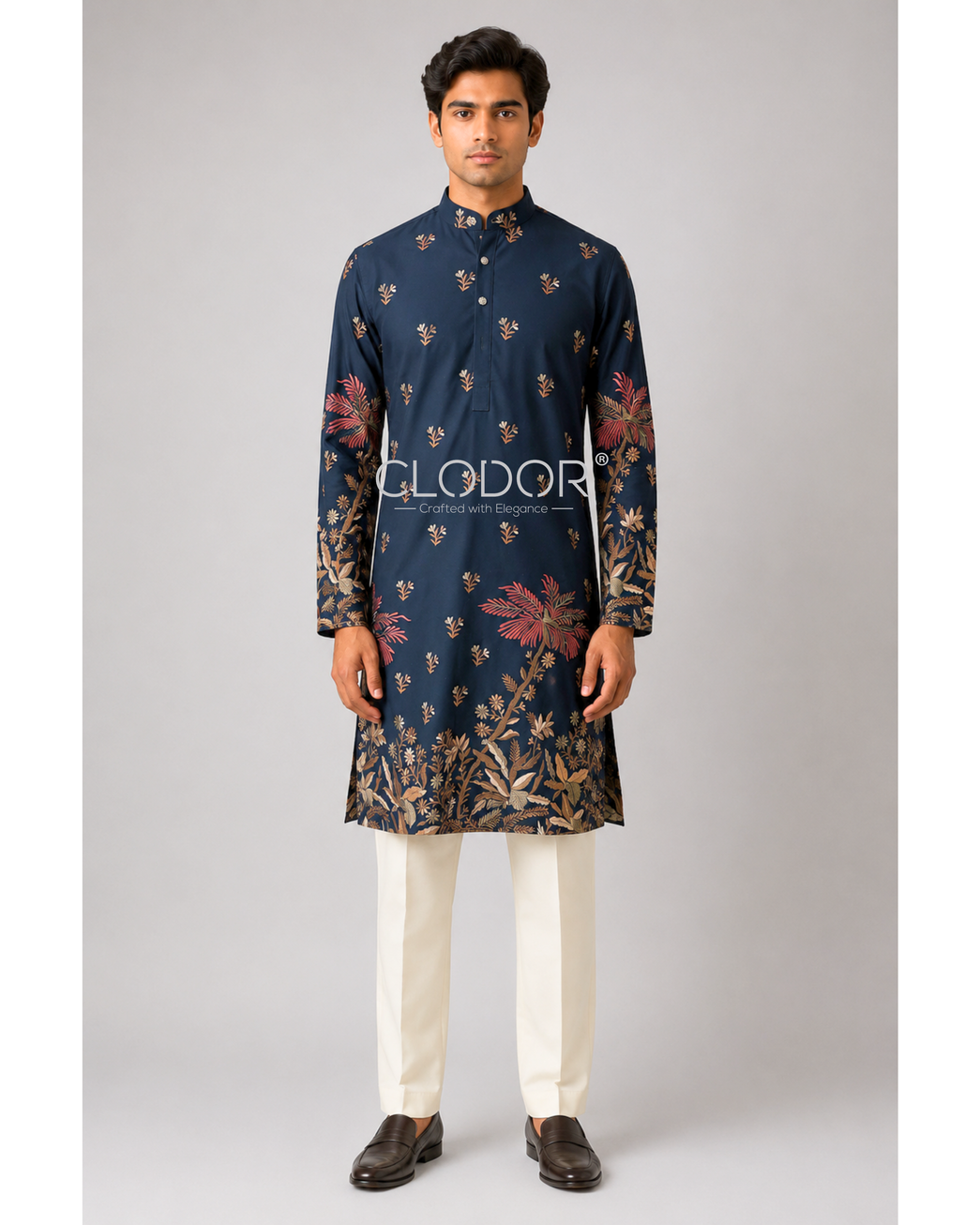Full length teal kurta set with off-white Tencel straight-cut trousers – bespoke menswear by Clodor