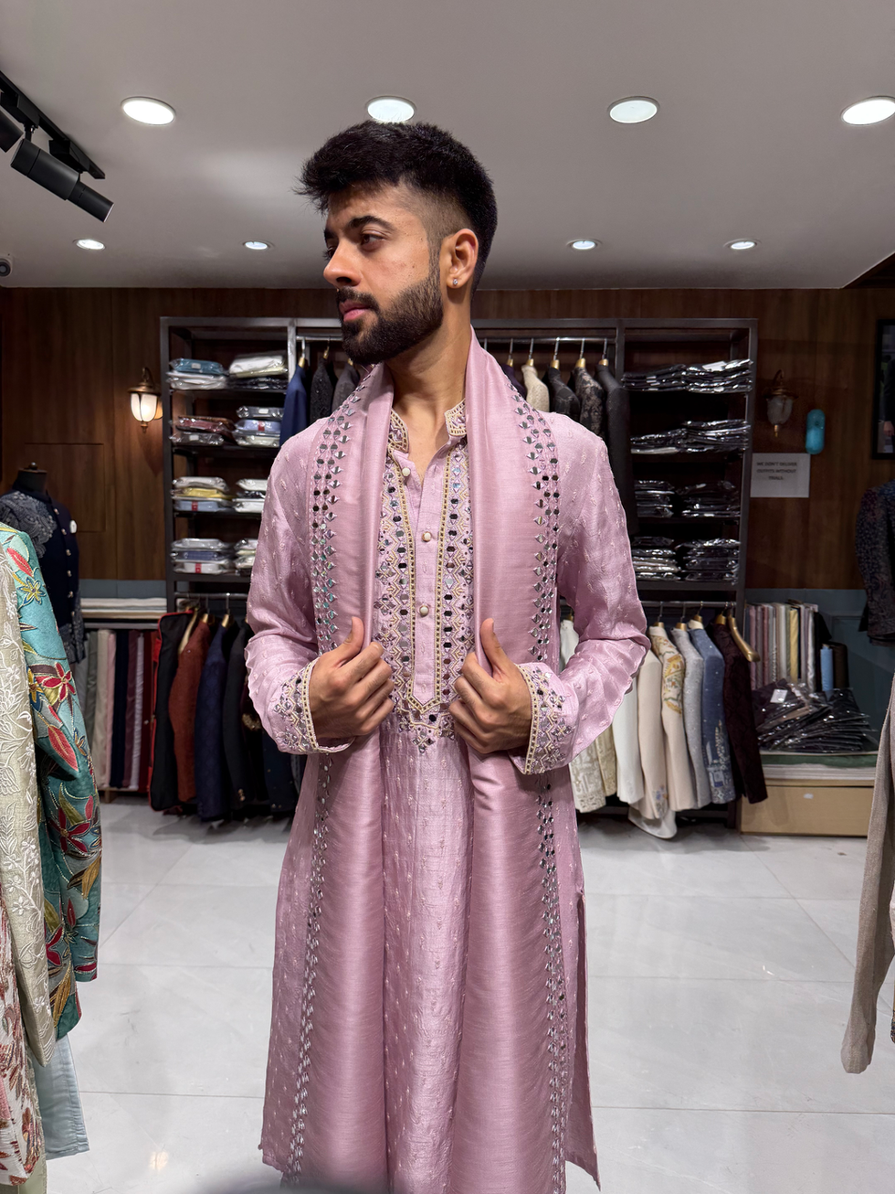 Sheesh Mauve mirror kurta set for men in slub silk with boota embroidery and mirror neckline