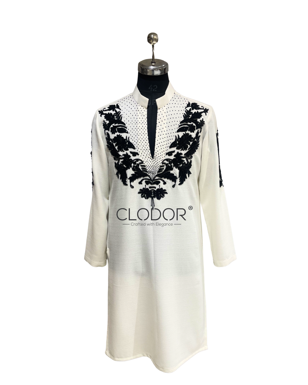 ull length black and white kurta set with white flared trousers