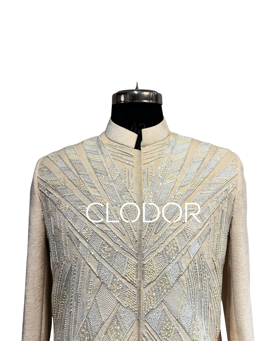 Intricate geometric pearl and sequin hand embroidery across off-white bandhgala surface – Clodor