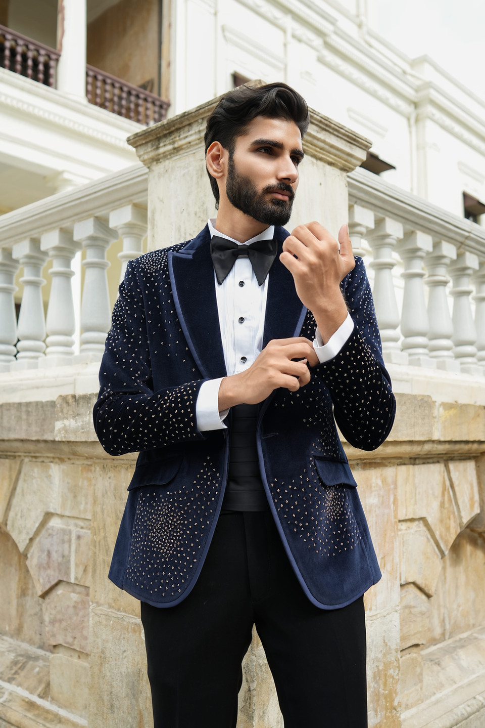 Intricate gunmetal pearl hand embroidery creating celestial sparkle on midnight blue cotton velvet tuxedo – Clodor