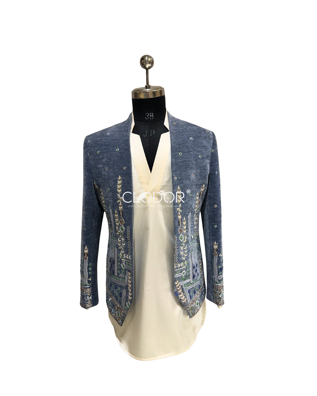 Flowing V-neck tensile fabric kurta of Celestial Meadow Light Blue Velvet Shrug Ensemble – Clodor
