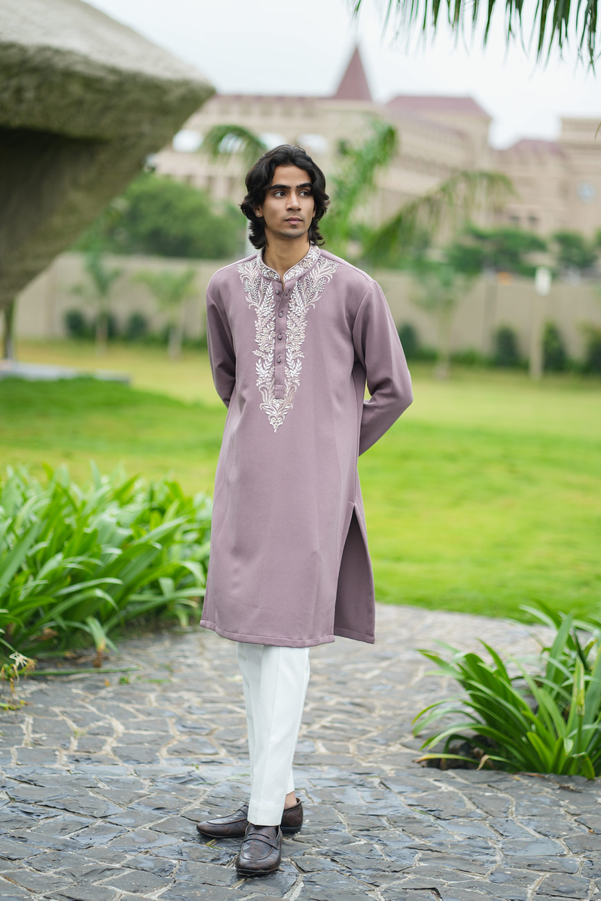 Mauvian Mauve Cut Dana Tencel Kurta Ensemble for men with cut dana and resham hand embroidery on neckline and front panel – b