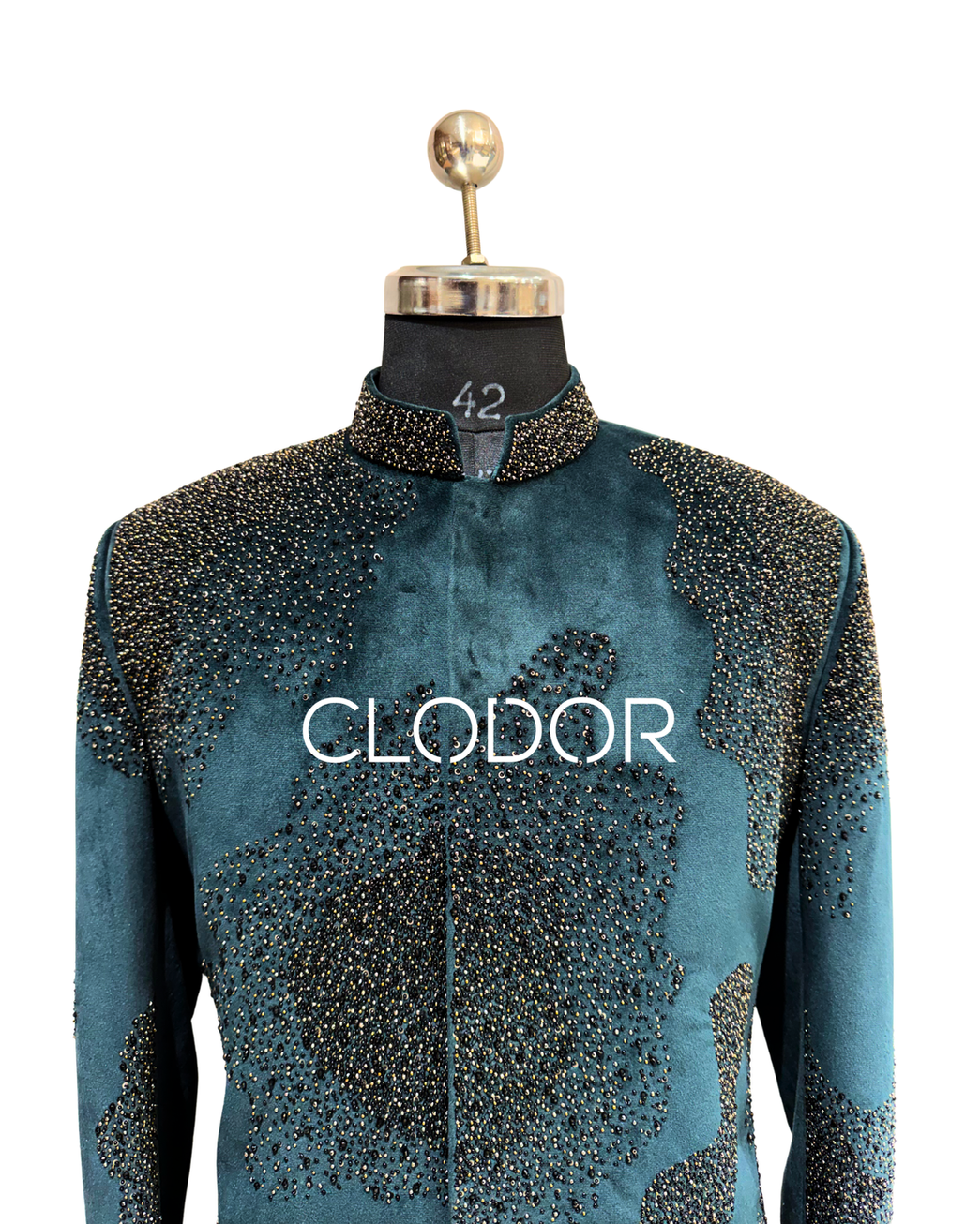 Rich lustrous velvet texture on teal indo-western ensemble – bespoke menswear by Clodor