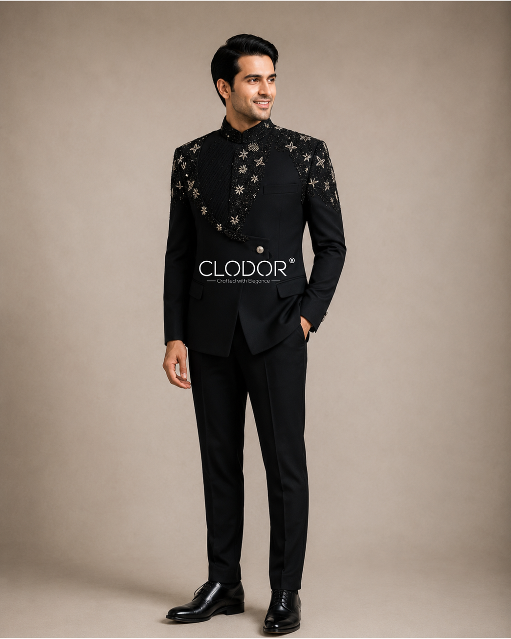 Obsidian Regal black bandhgala set for groom in Japanese crepe with asymmetric cut and handcrafted embroidery