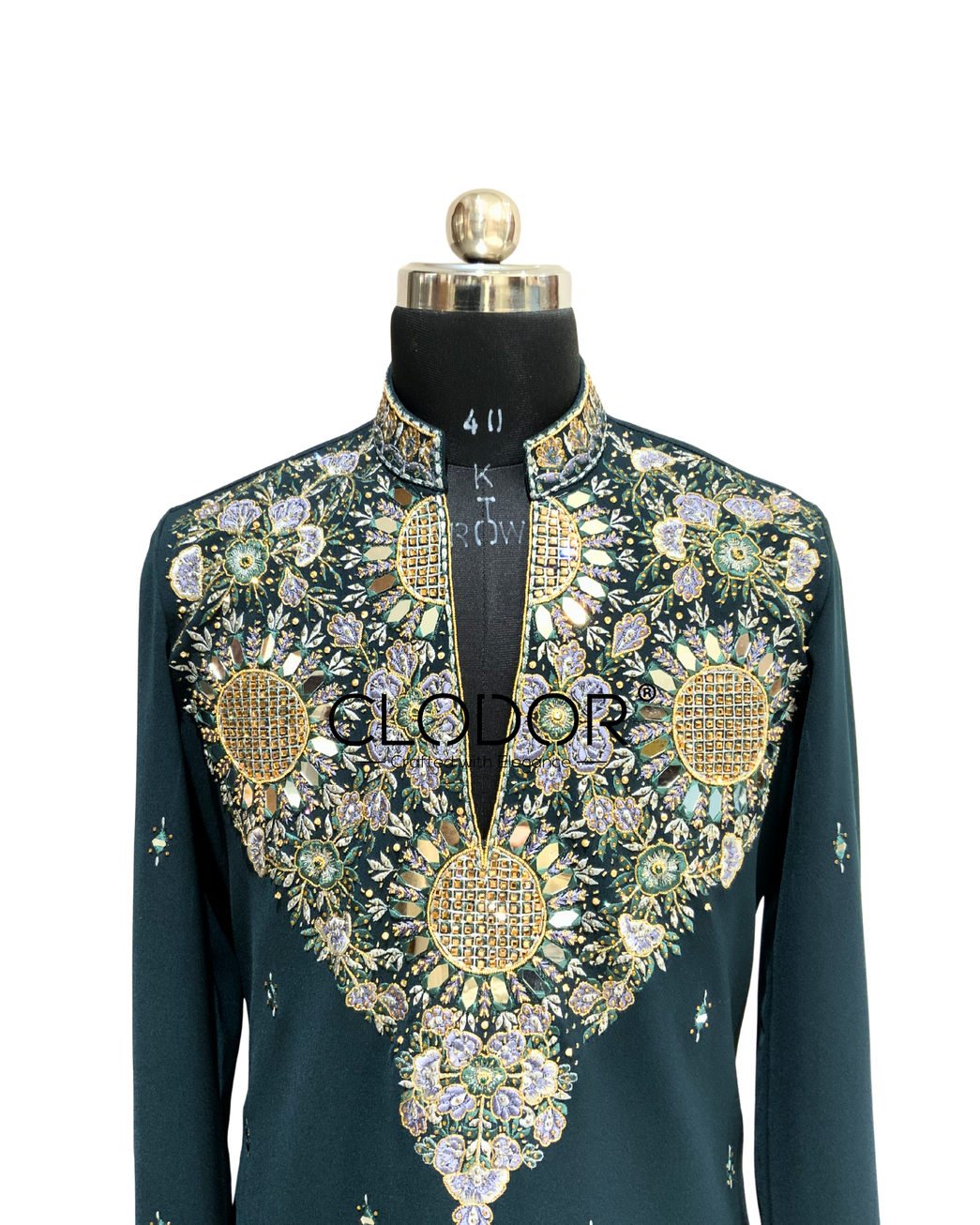 Heavy floral and antique-inspired hand embroidery detail on teal green kurta – Clodor