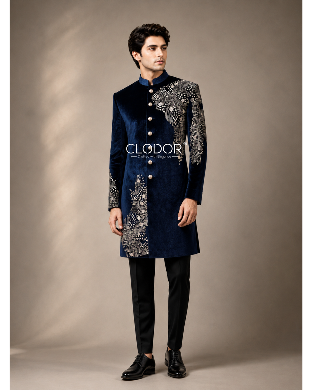 Full length blue velvet indo western with black trousers – bespoke menswear by Clodor