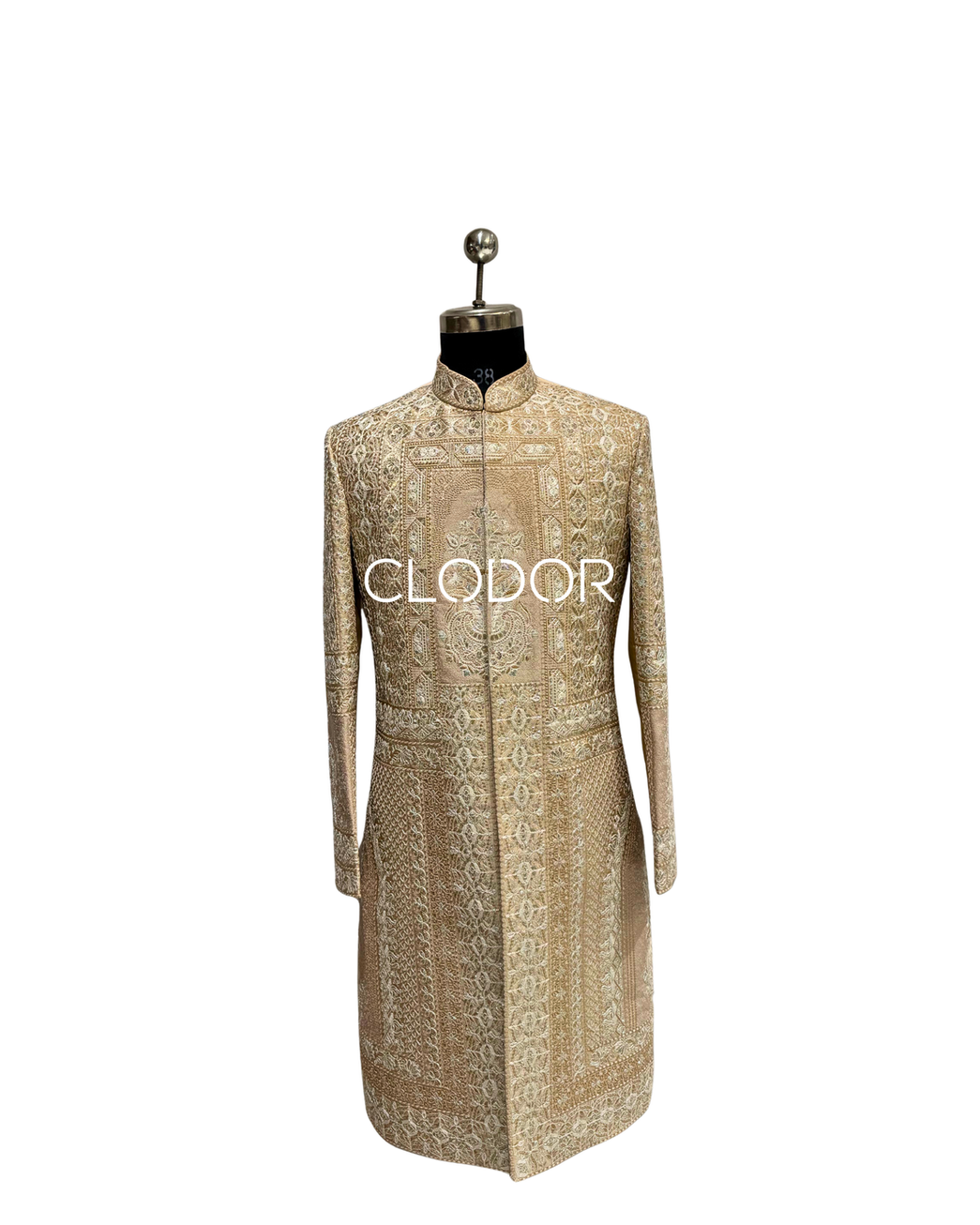 Structured groom-ready silhouette of rose gold silk sherwani – bespoke by Clodor