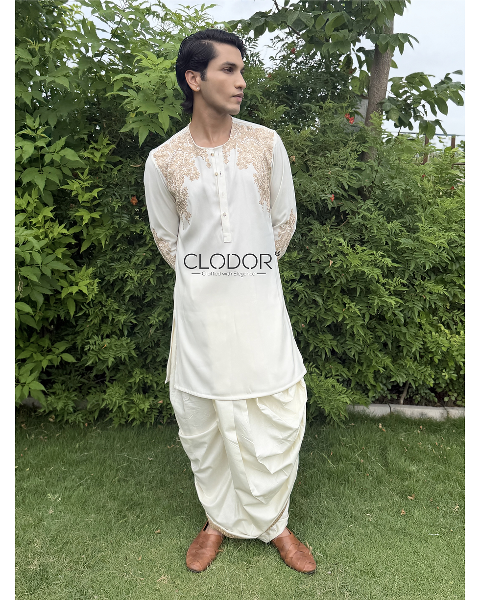Premium Ivory Dori Embroidered Kurta Dhoti Set by CLODOR with handcrafted dori embroidery and modern ceremonial styling.