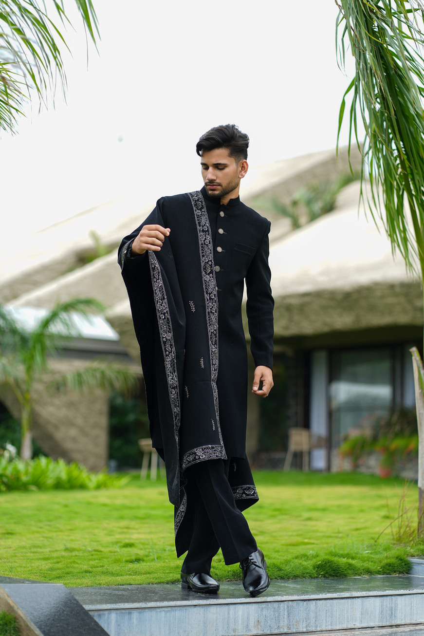 Dark Black Achkan with Handworked Shawl Ensemble for men in Japanese crepe with metal buttons and embroidered shawl – bespoke