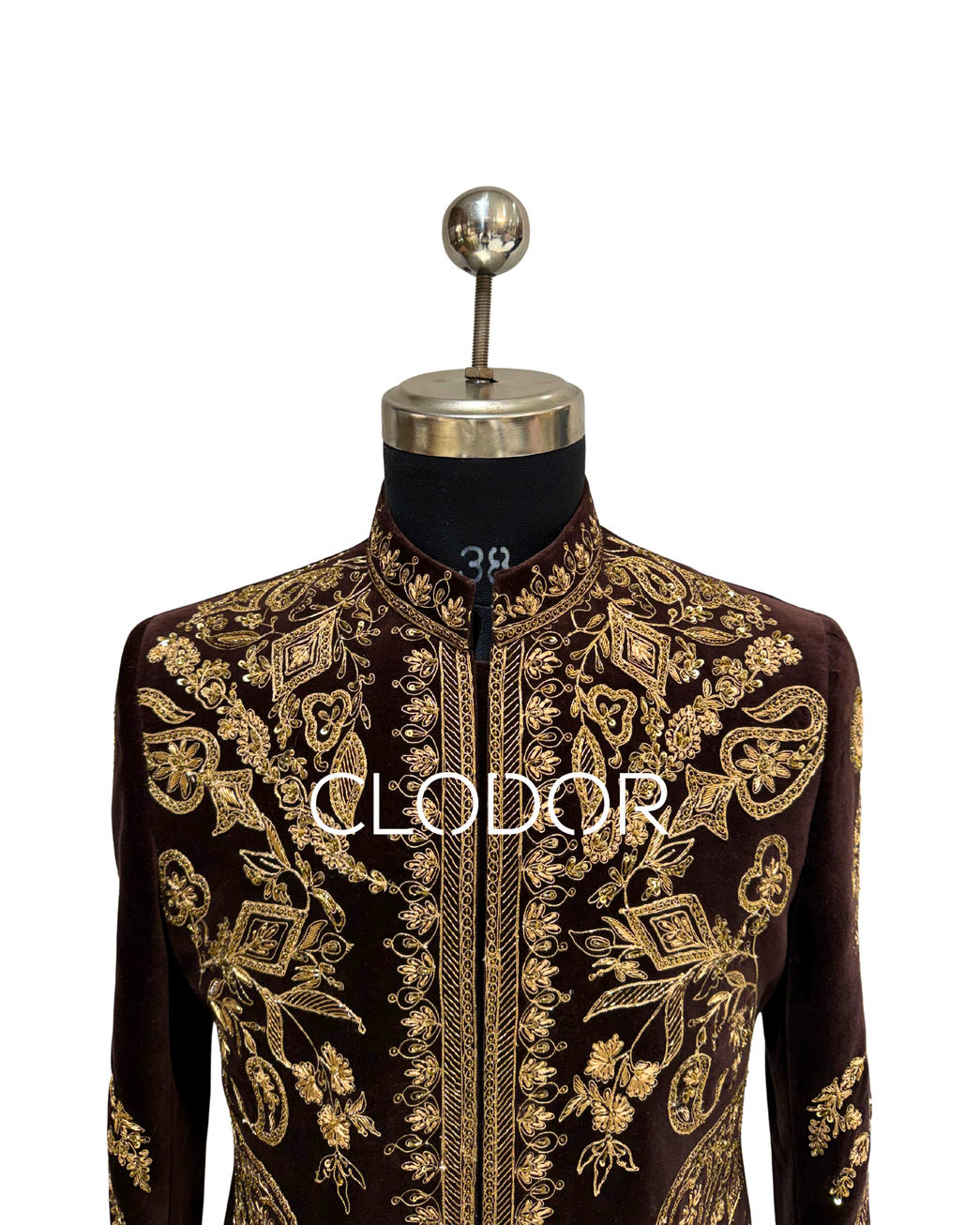 Rich lustrous brown cotton velvet texture on regal indo-western ensemble
