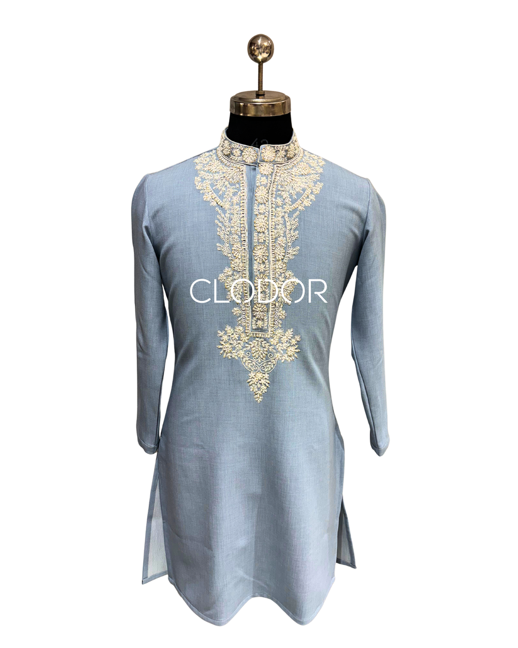 Celeste Pearl light blue kurta for men in tencel fabric with pearl hand embroidery on neckline